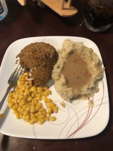 Rogues Gravy with a side of mash potatoes, corn and chicken.