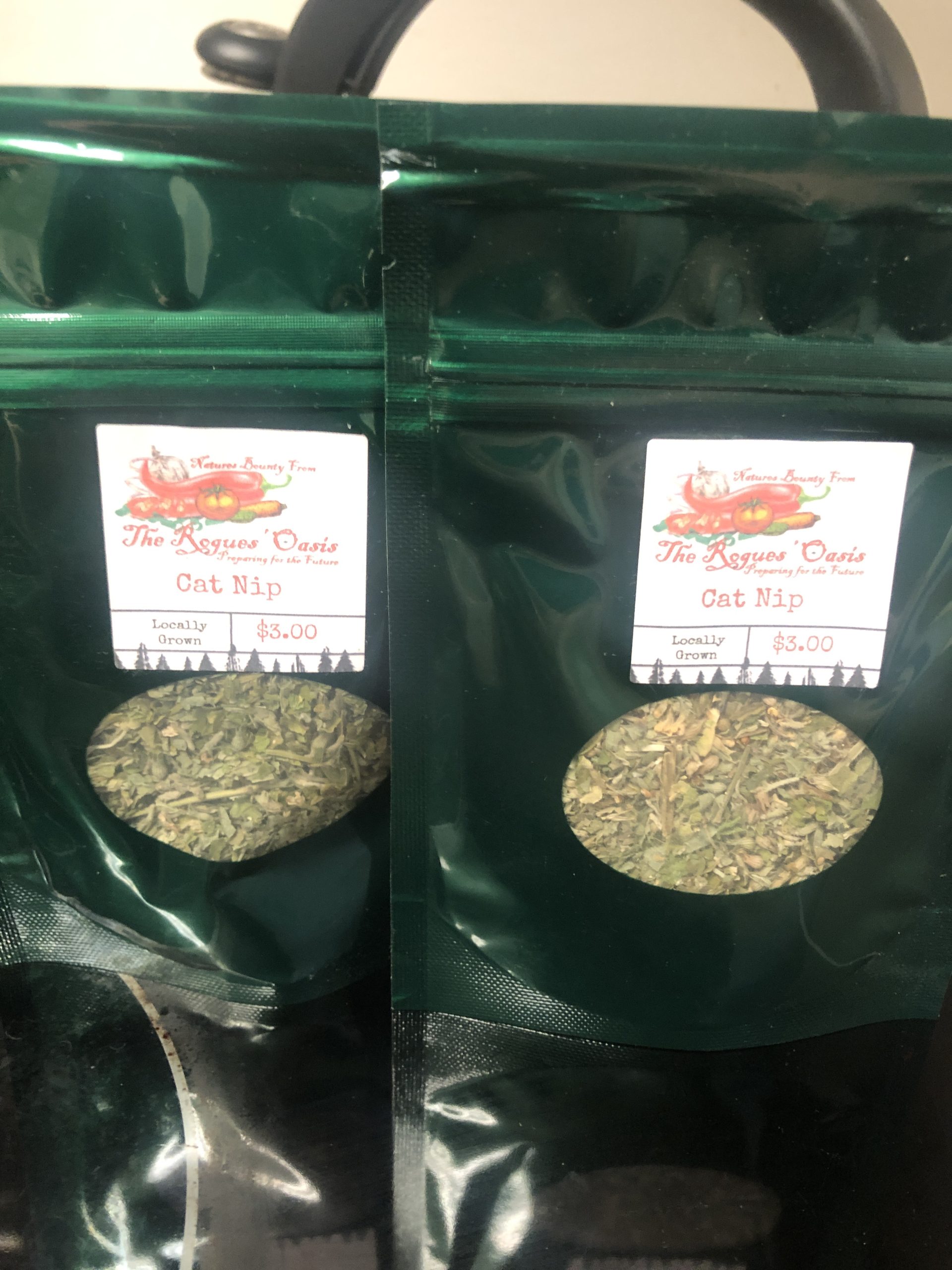 Premium catnip pouches from The Rogues' Oasis, locally grown for feline enjoyment.