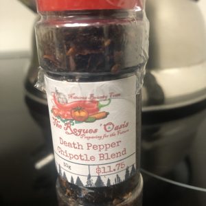 The Rogues' Oasis Death Pepper Chipotle Blend spice jar with rustic label, nature-inspired design, priced at $11.75.