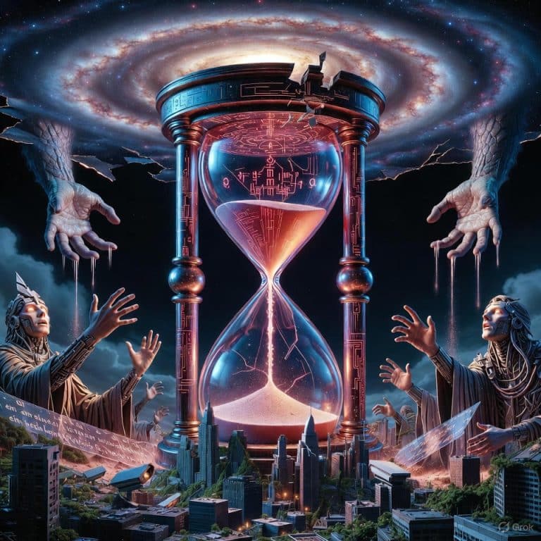 Surreal artwork of a giant hourglass with cosmic and urban elements, hands reaching out amidst stars.